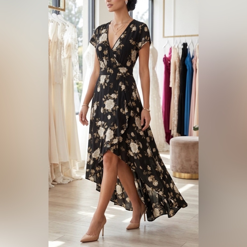 American Rag Black Floral High-Low Midi Dress Smocked Waist V-Neck Small